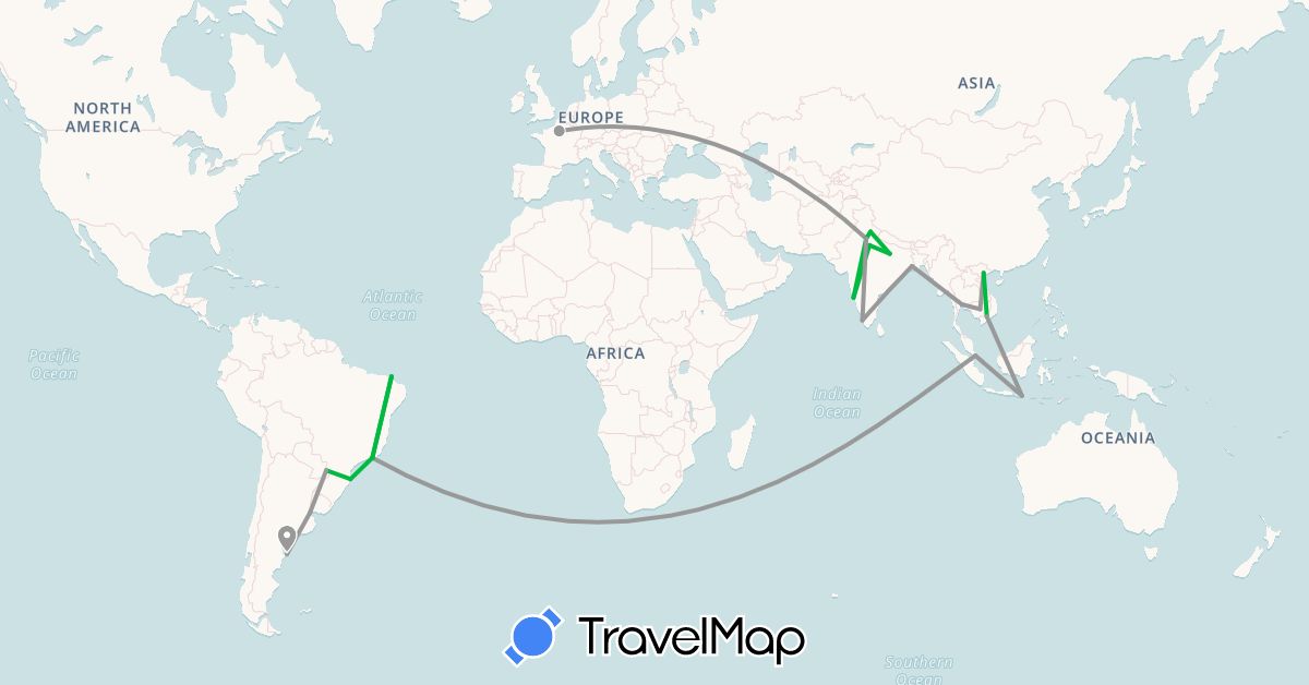 TravelMap itinerary: bus, plane in Argentina, Brazil, France, Indonesia, India, Cambodia, Singapore, Thailand, Vietnam (Asia, Europe, South America)